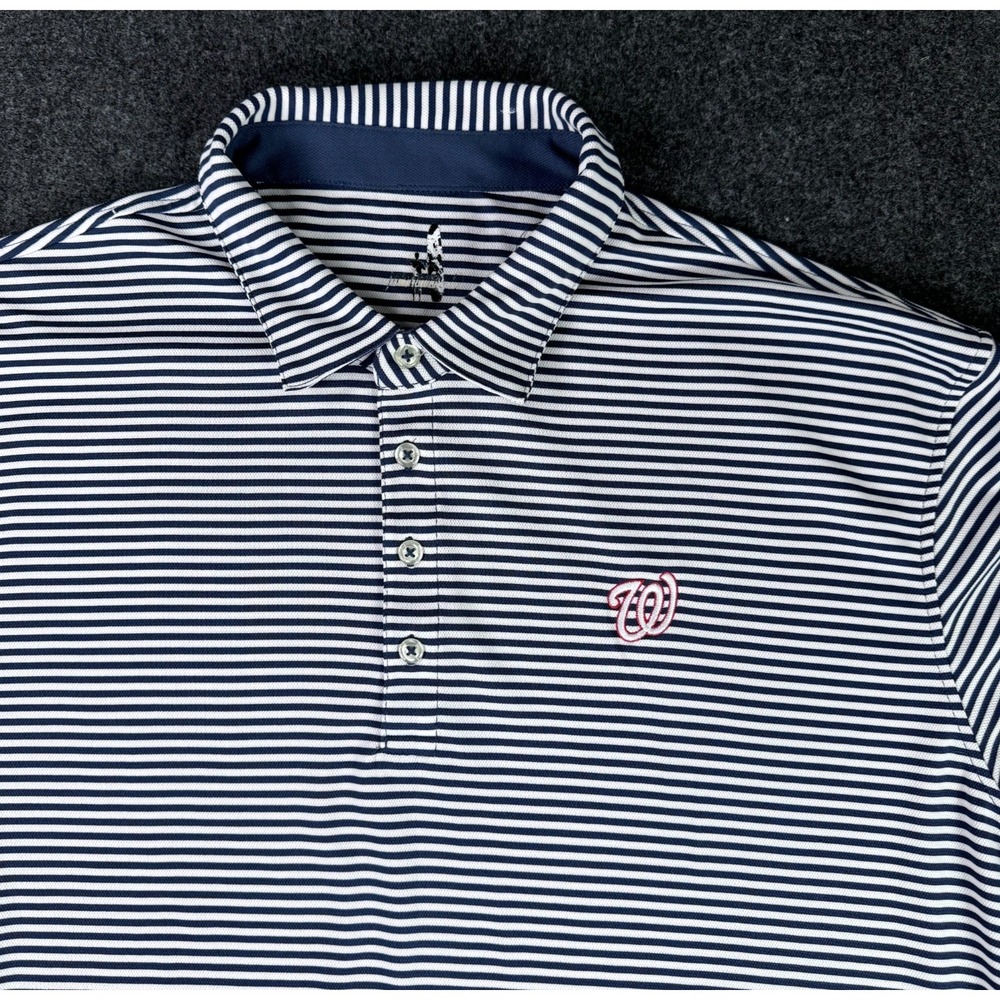 Johnnie-O Washington Nationals Navy Blue Striped Polyester MLB Golf Polo Mens XL